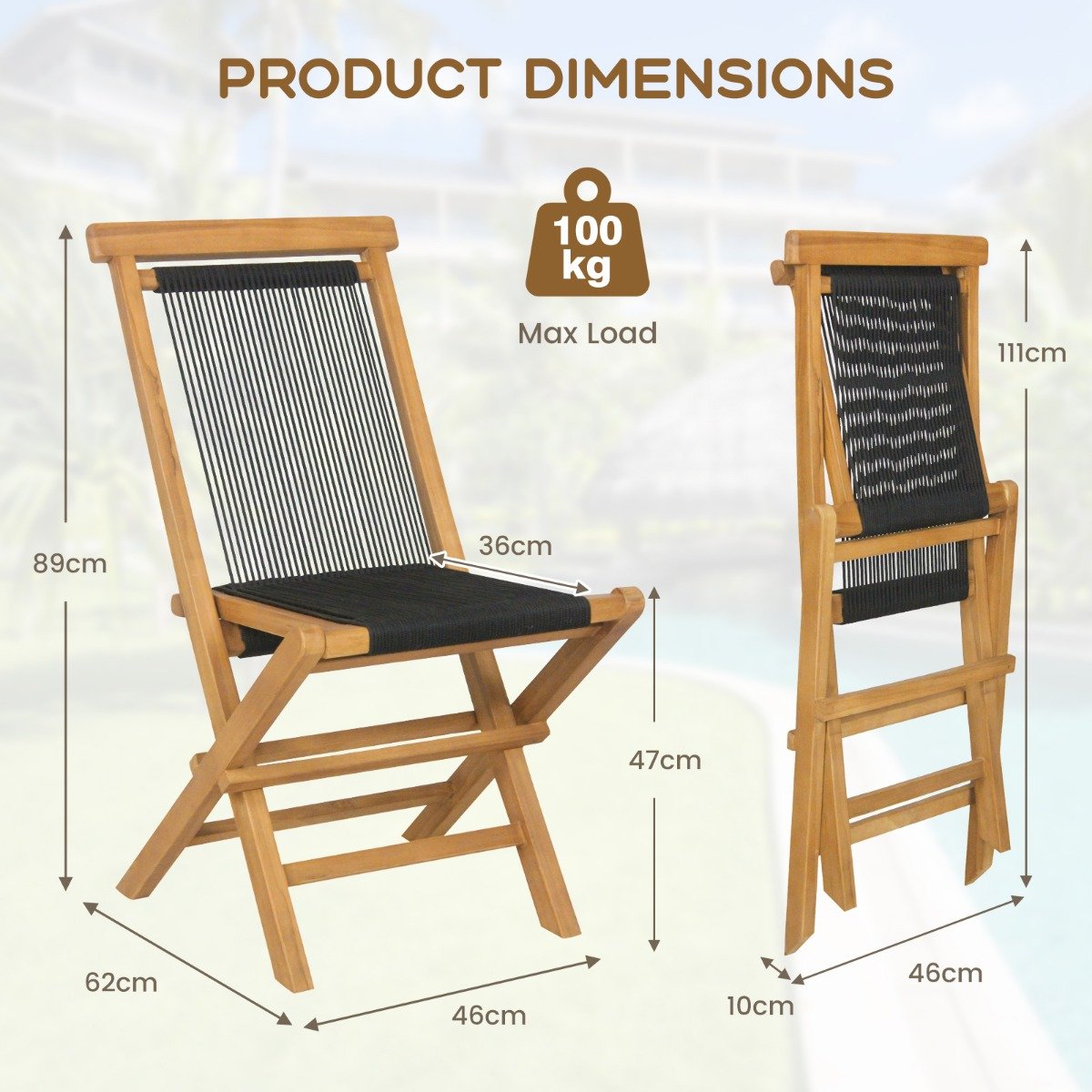 Solid Teak Wood Dining Chairs with Woven Rope Seat and Quick-Folding Portable Design