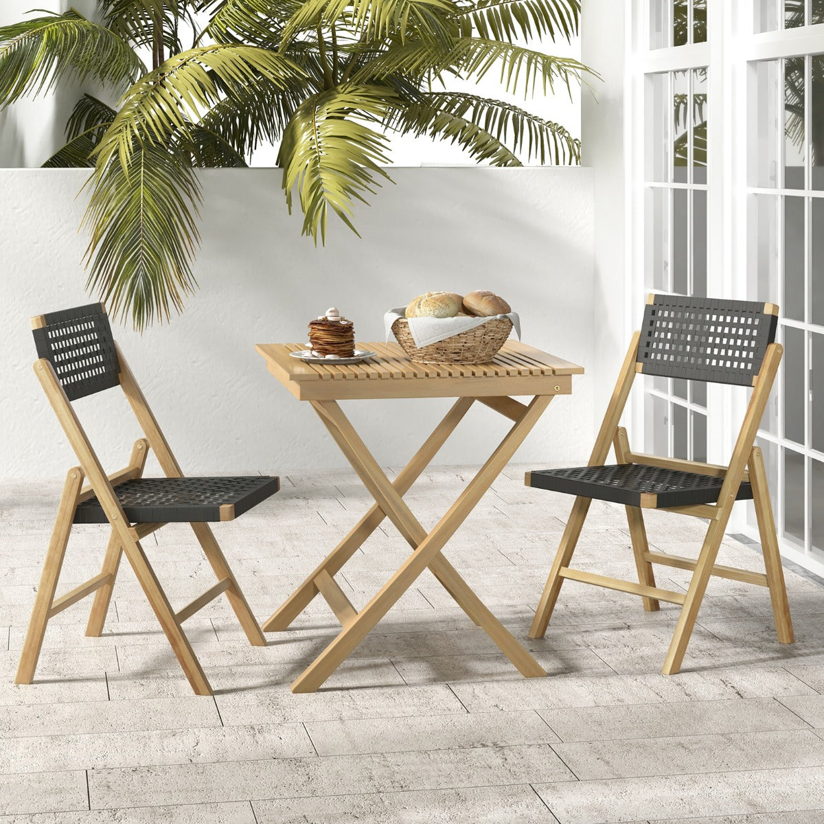 2 Piece Patio Folding Chairs with Woven Rope Seat and Back