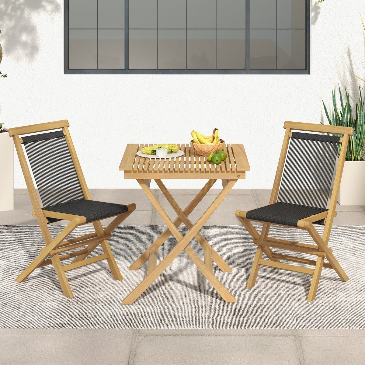 Solid Teak Wood Dining Chairs with Woven Rope Seat and Quick-Folding Portable Design