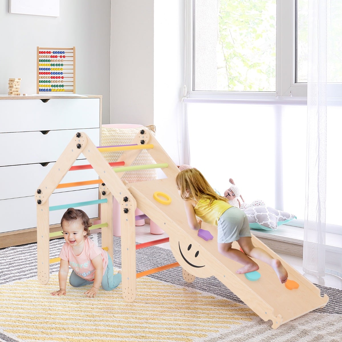 2-Piece Wooden Montessori Climbing Toys with DIY Climber and Seesaw