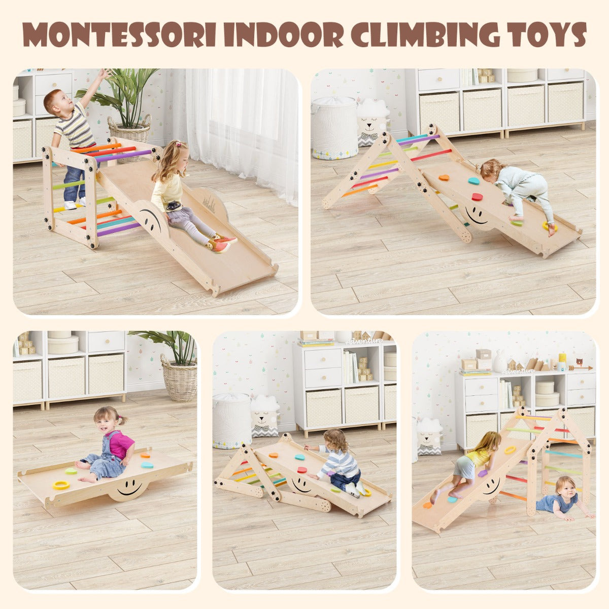 2-Piece Wooden Montessori Climbing Toys with DIY Climber and Seesaw