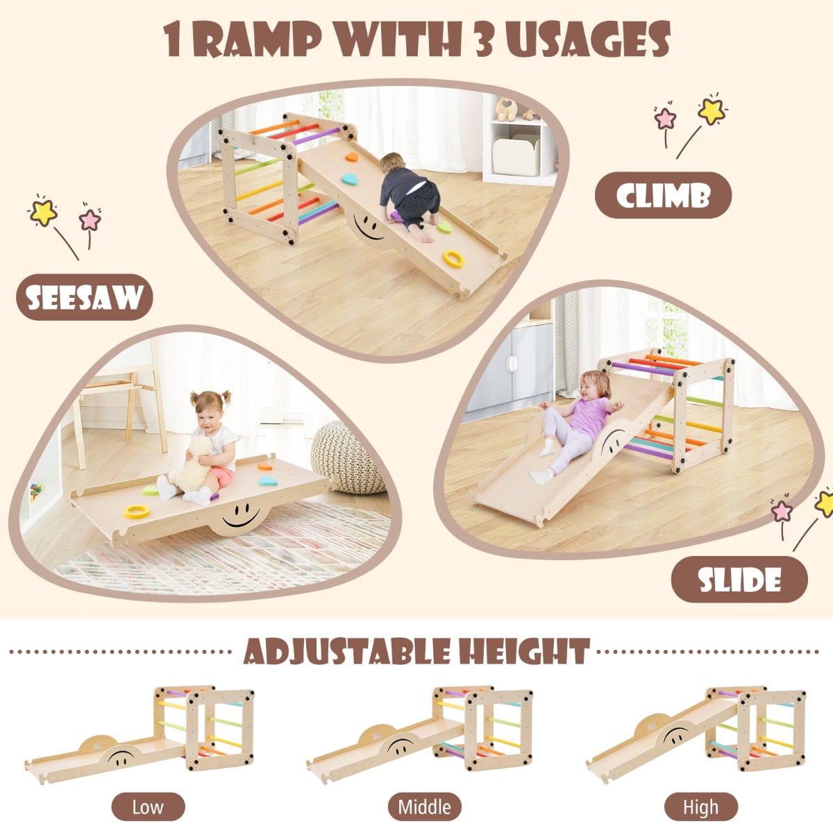 2-Piece Wooden Montessori Climbing Toys with DIY Climber and Seesaw