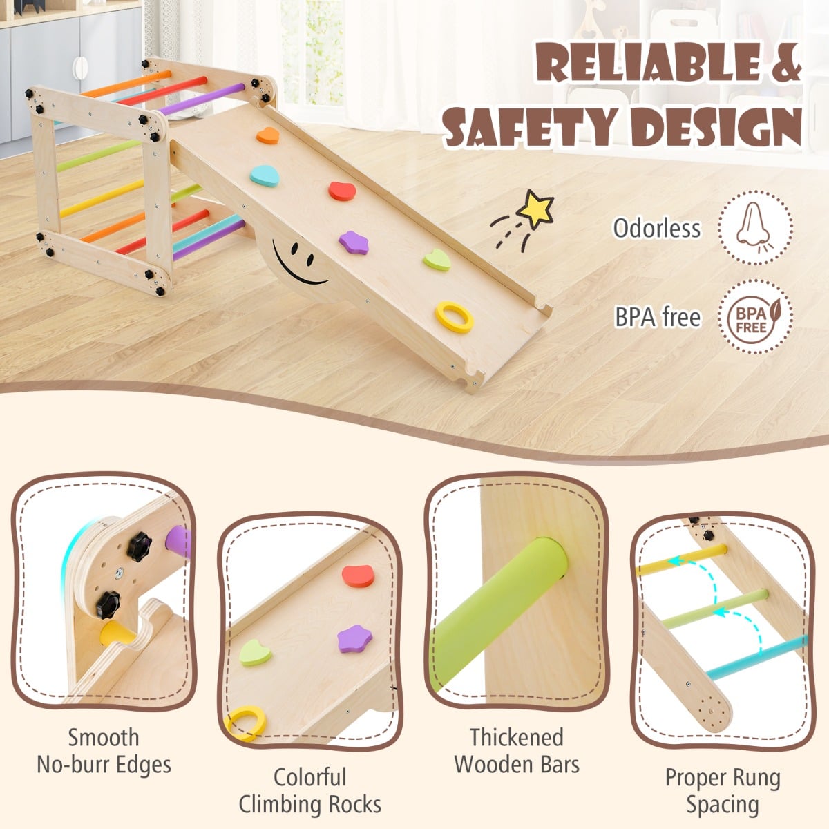 2-Piece Wooden Montessori Climbing Toys with DIY Climber and Seesaw
