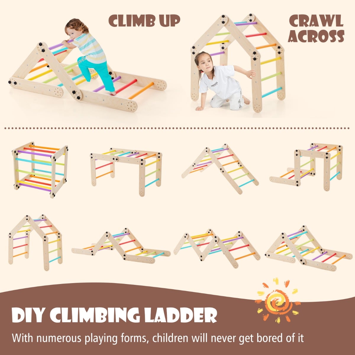 2-Piece Wooden Montessori Climbing Toys with DIY Climber and Seesaw