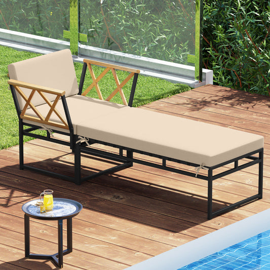 2 Pieces Patio Furniture Set with Cushion and Acacia Wood Armrests-Brown