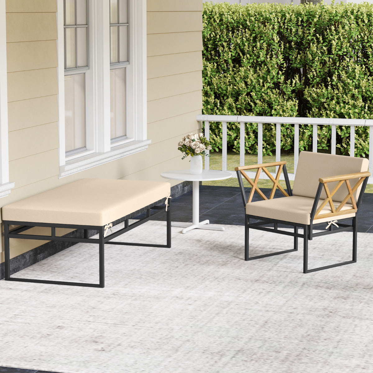 2 Pieces Patio Furniture Set with Cushion and Acacia Wood Armrests-Brown