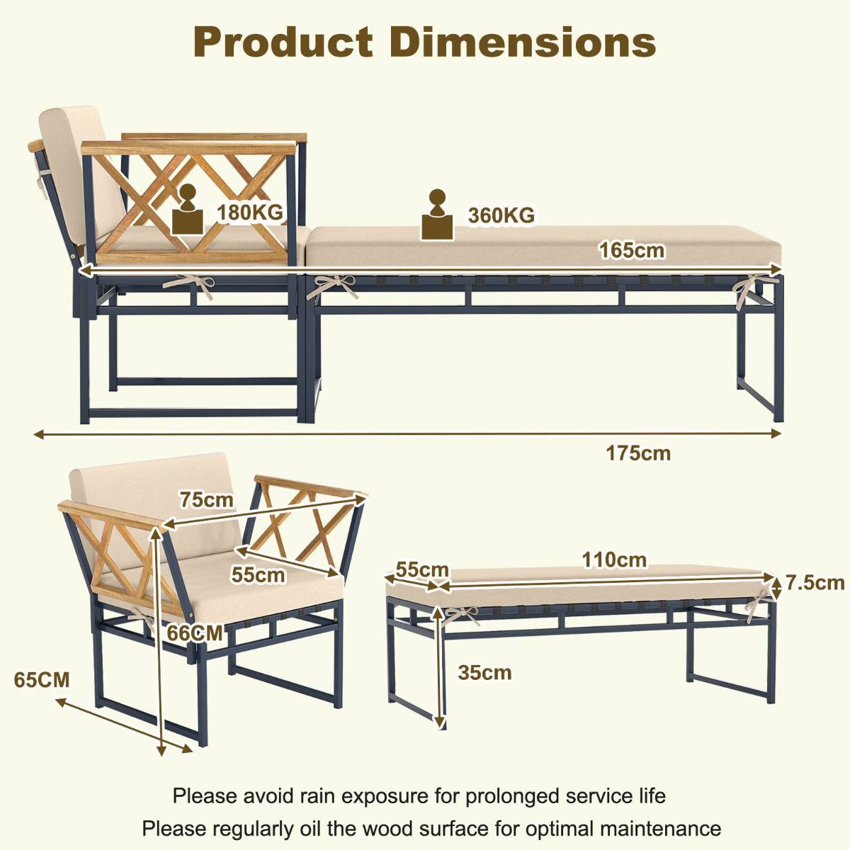 2 Pieces Patio Furniture Set with Cushion and Acacia Wood Armrests-Brown