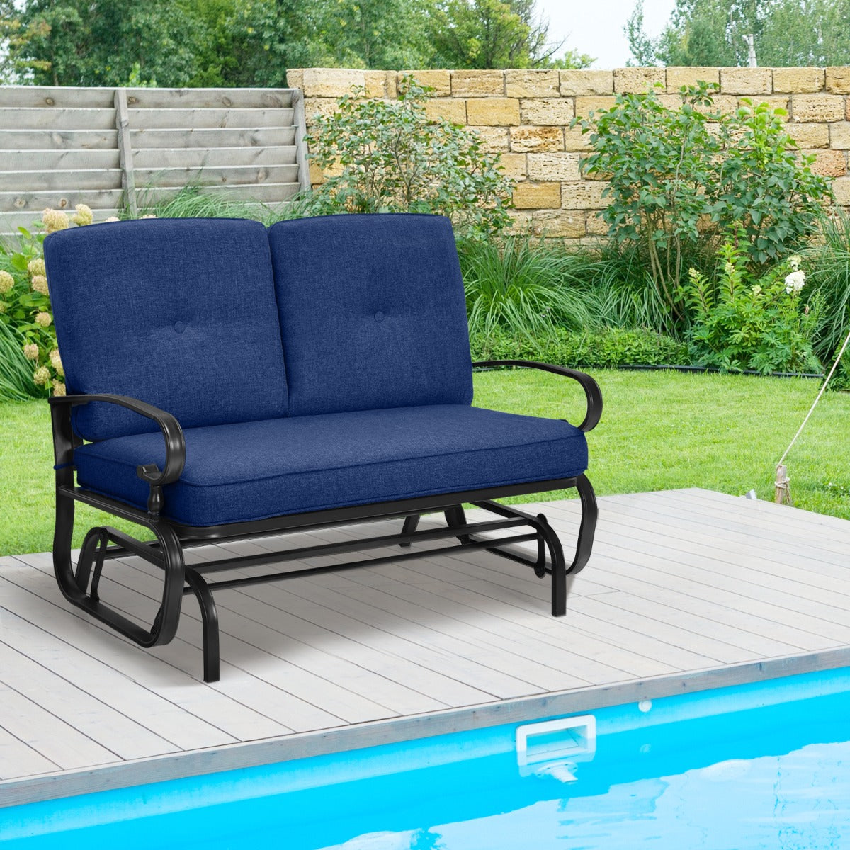 2-Person Patio Glider Chair with Cushions-Blue