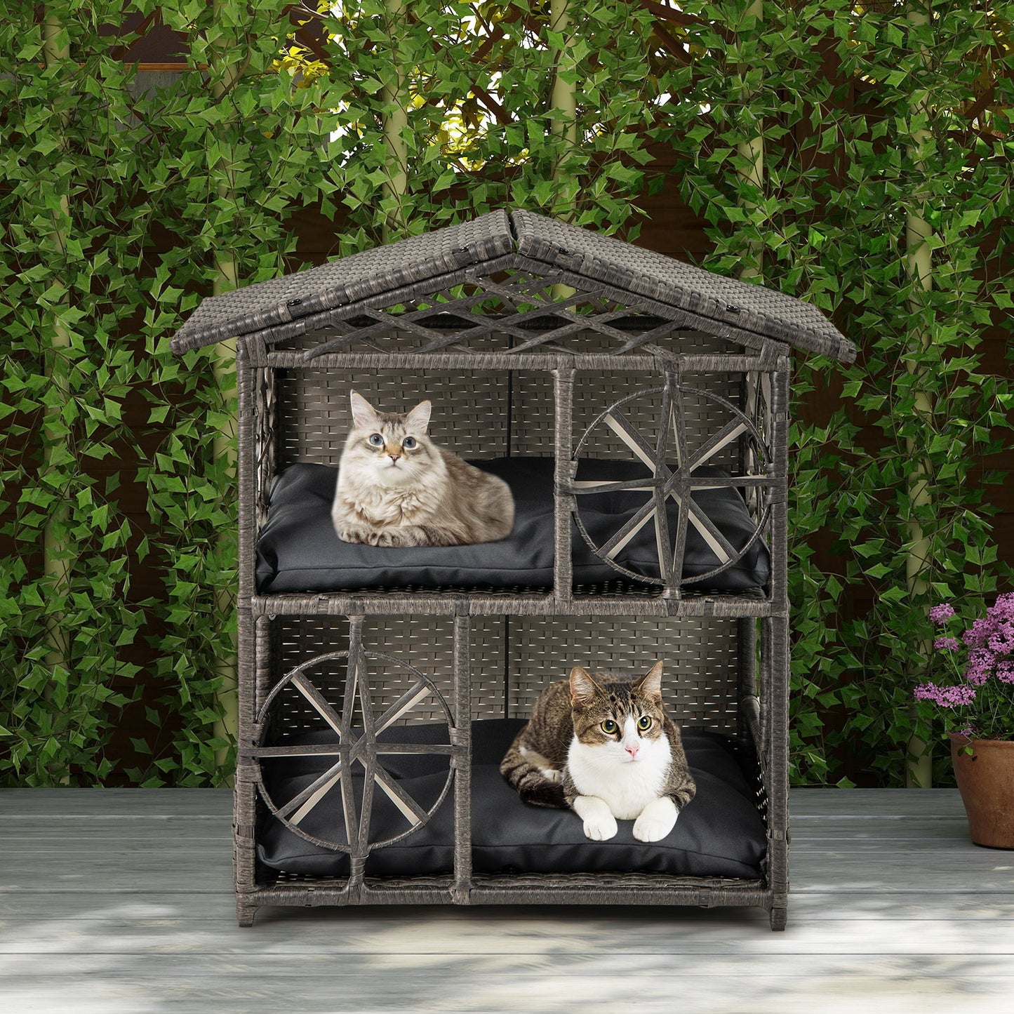 2-storey Wicker Cat House with Removable Cushions-Grey
