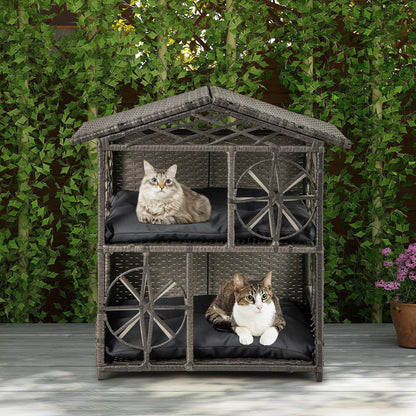 2-storey Wicker Cat House with Removable Cushions-Grey