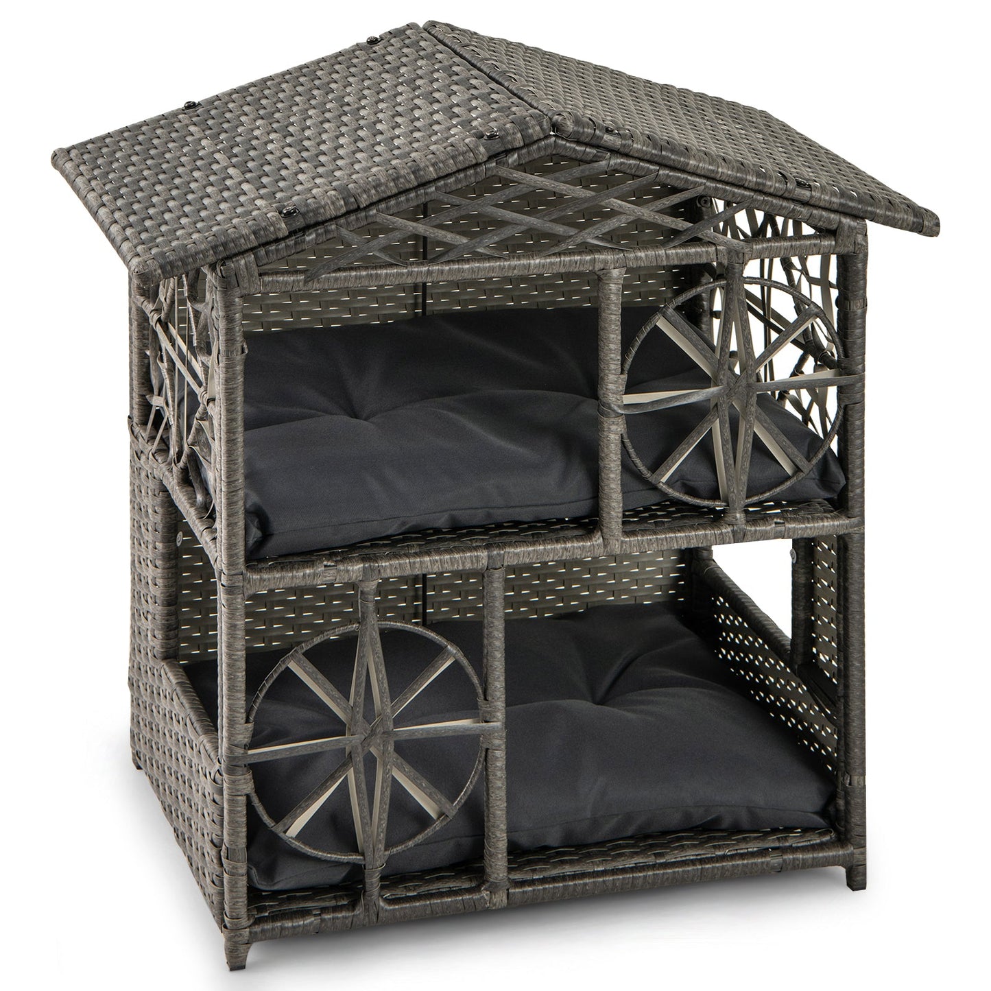 2-storey Wicker Cat House with Removable Cushions-Grey