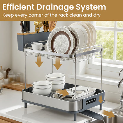 2-Tier Dish Drying Rack Stainless Steel Dish Drainer with Cutlery Holder