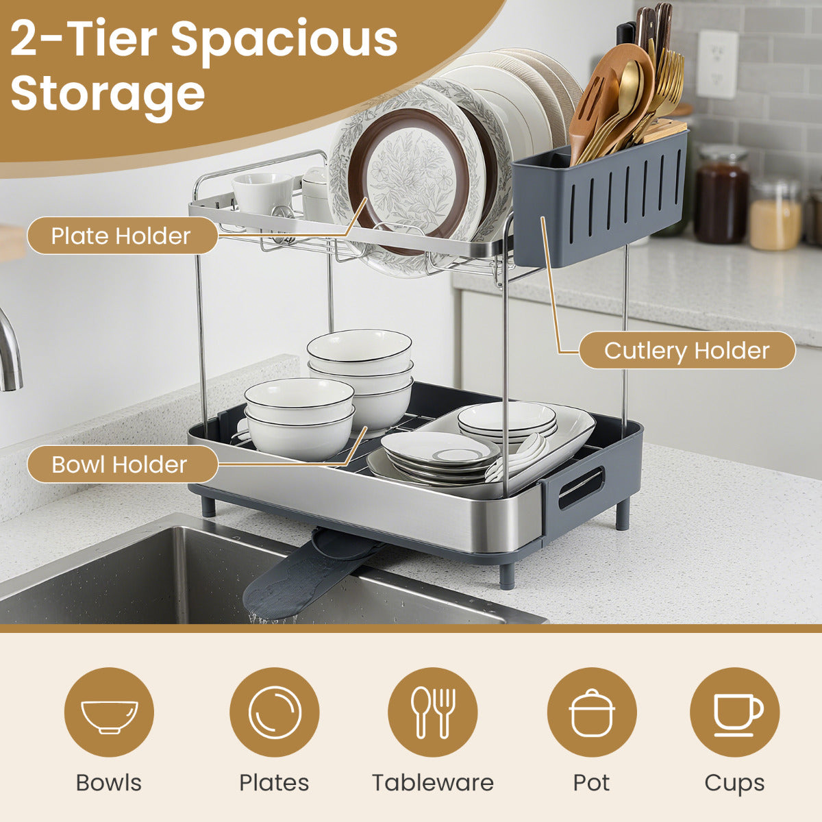 2-Tier Dish Drying Rack Stainless Steel Dish Drainer with Cutlery Holder