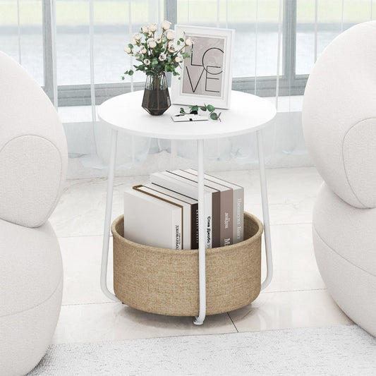 2-Tier End Table with Fabric Storage Basket and Metal Frame-White