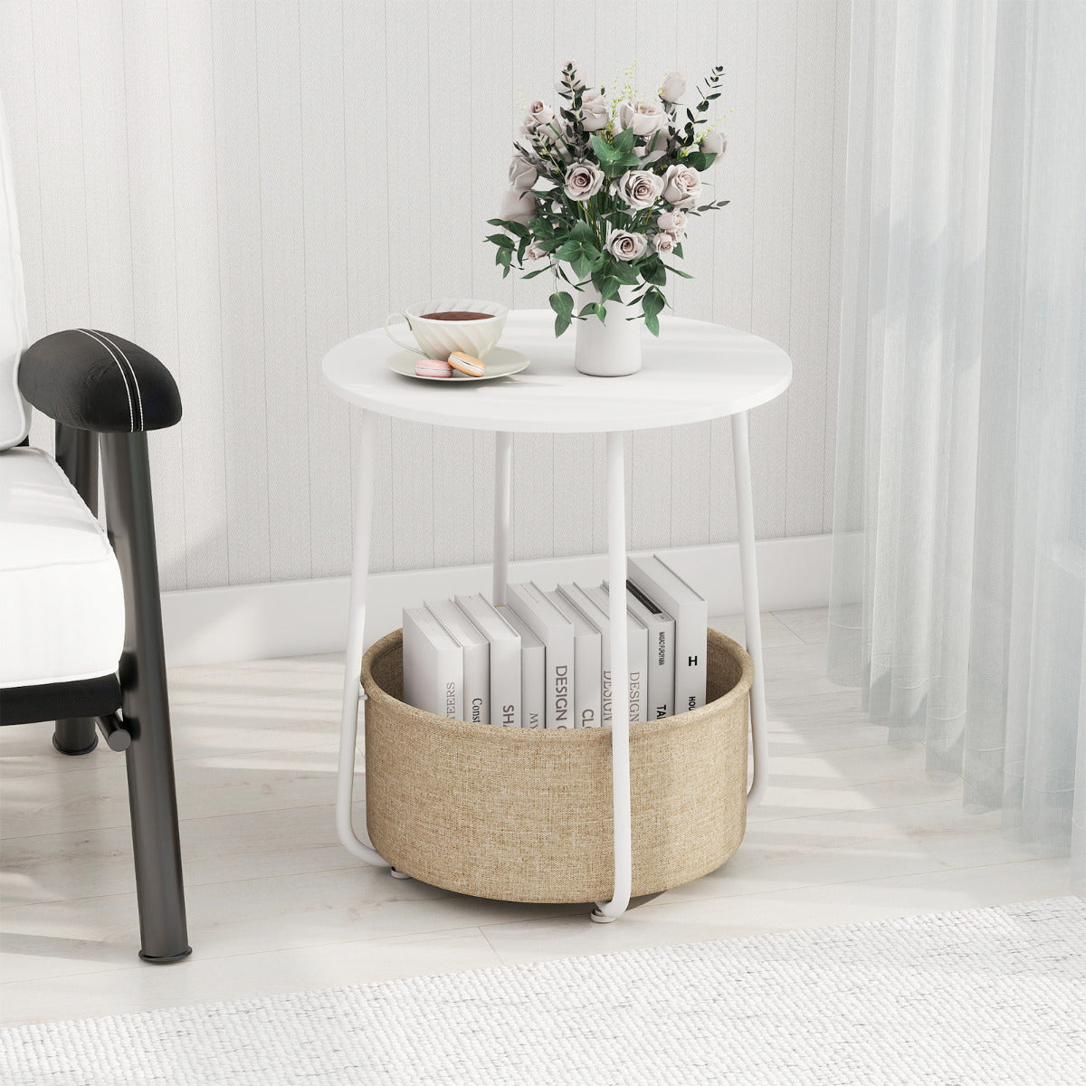 2-Tier End Table with Fabric Storage Basket and Metal Frame-White