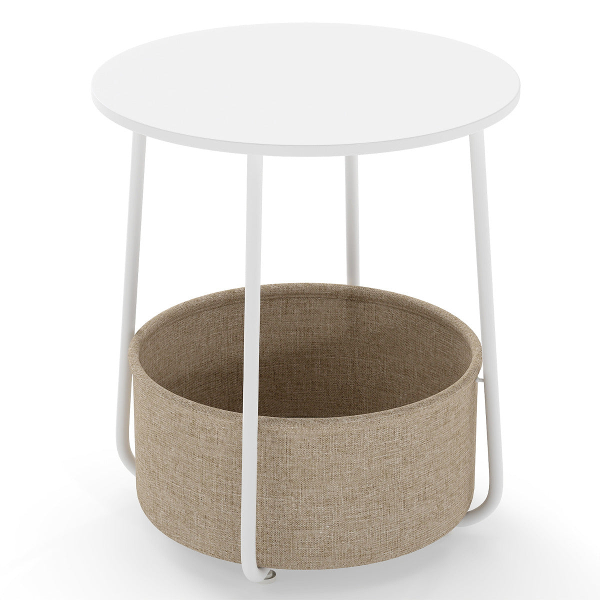 2-Tier End Table with Fabric Storage Basket and Metal Frame-White