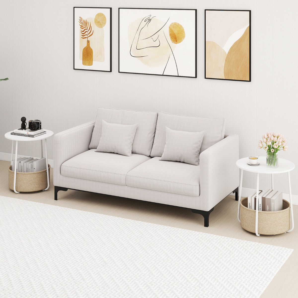 2-Tier End Table with Fabric Storage Basket and Metal Frame-White