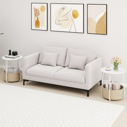 2-Tier End Table with Fabric Storage Basket and Metal Frame-White