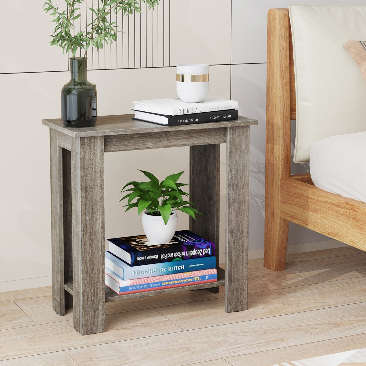 2-Tier End Table with Storage Shelf for Small Spaces-Grey