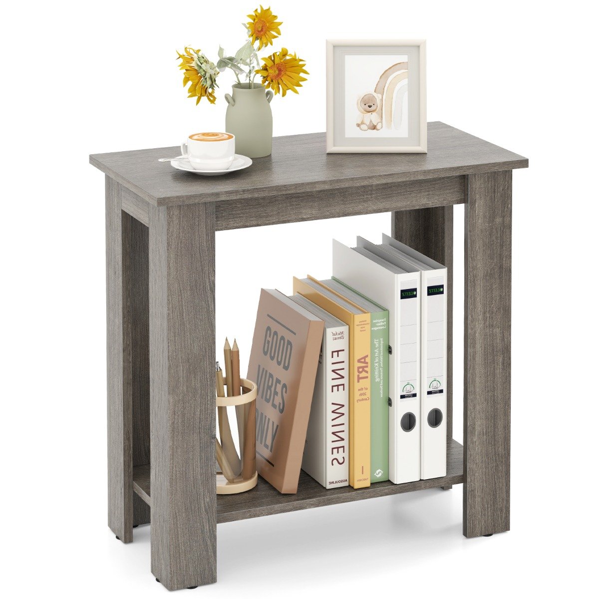 2-Tier End Table with Storage Shelf for Small Spaces-Grey