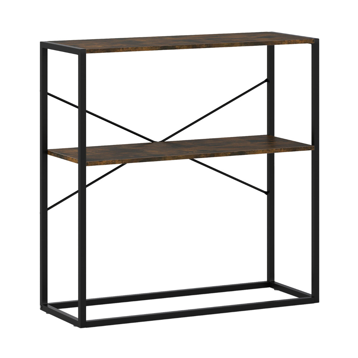 2-Tier Entryway Table with Marble Textured Open Shelves and Metal Frame-Rustic Brown