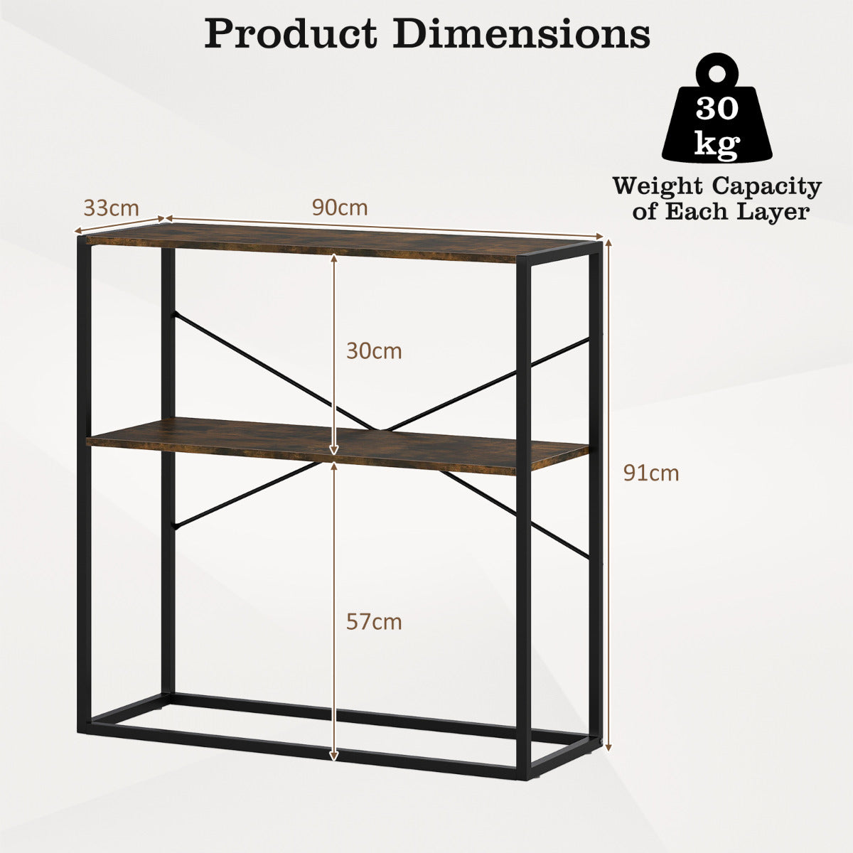 2-Tier Entryway Table with Marble Textured Open Shelves and Metal Frame-Rustic Brown