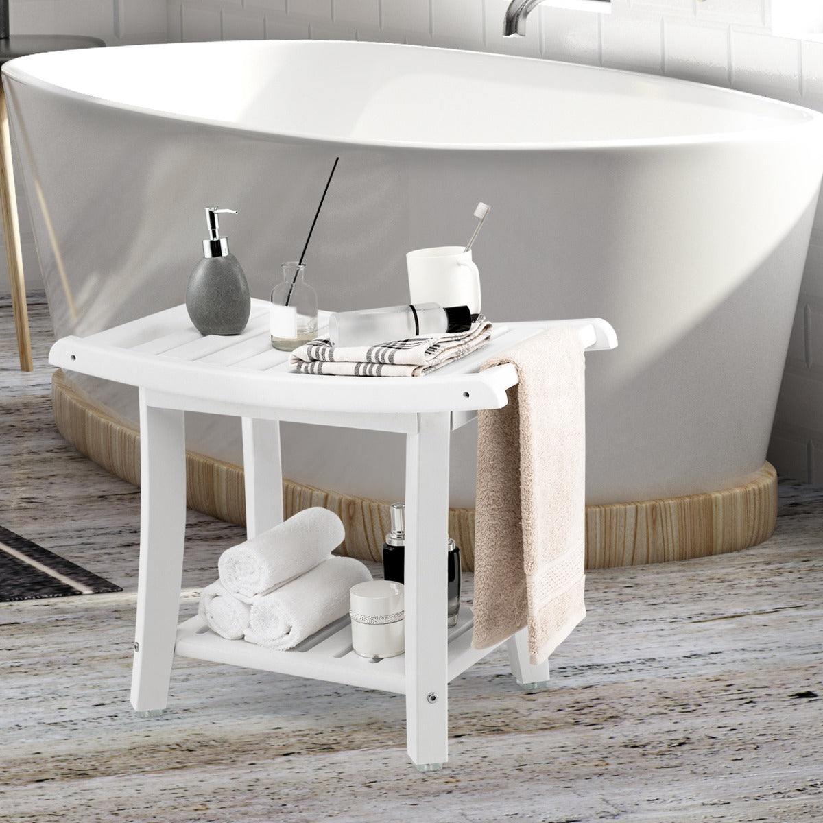 2-tier HDPE Waterproof Shower Bench with Curved Seat-White
