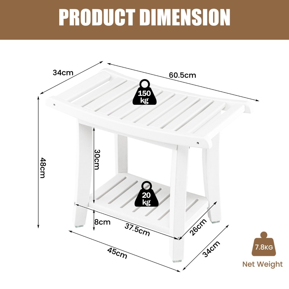 2-tier HDPE Waterproof Shower Bench with Curved Seat-White