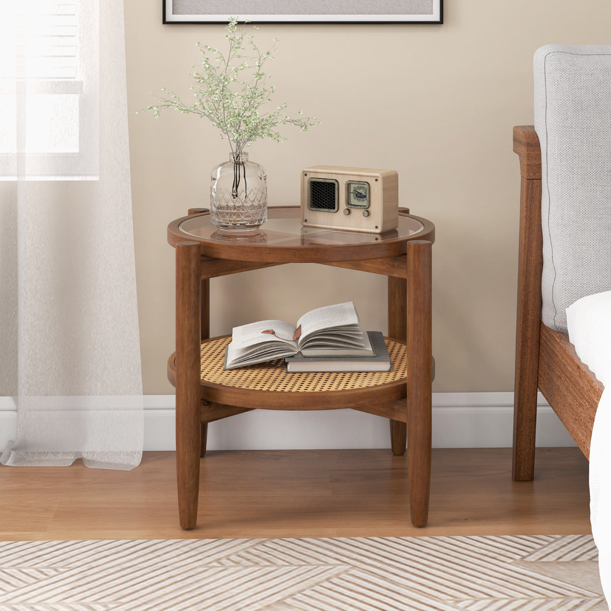 2-Tier Round Side End Table Set of 2 with Tempered Glass Tabletop