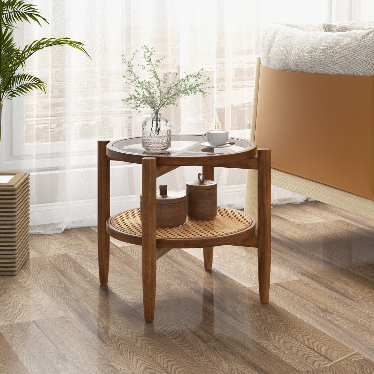2-Tier Round Side End Table Set of 2 with Tempered Glass Tabletop