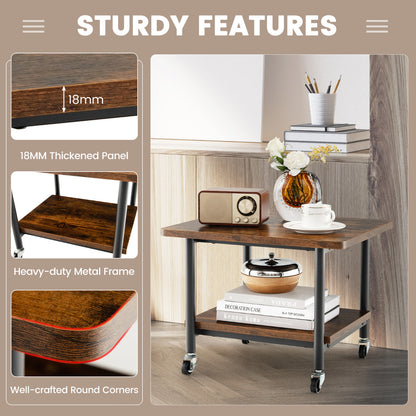 2 Tier Wooden Printer Stand with 360° Swivel Casters-Brown