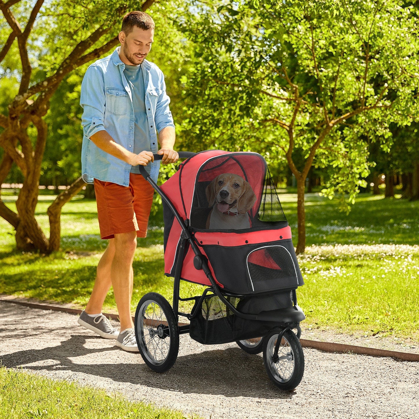 PawHut Foldable Pet Stroller with Three Wheels, for Small, Medium Dogs, Red