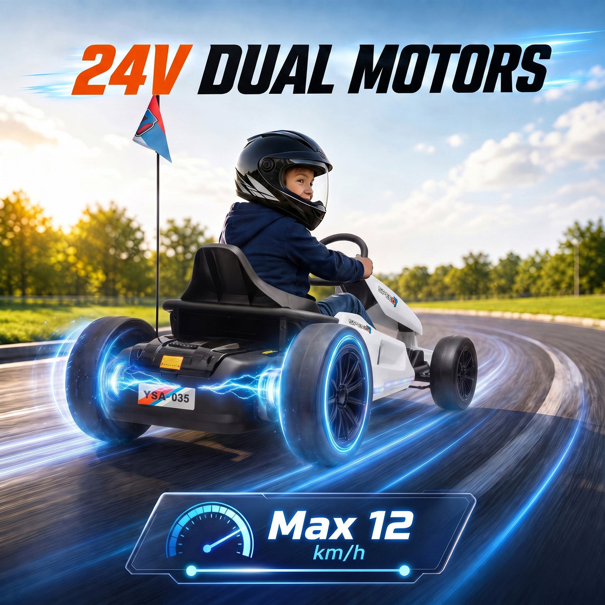AIYAPLAY 24V Electric Drift Go Kart for Kids with Dual Motors, Soft Start, 12 KM/H High Speed, Headlight, for Ages 6-14, White
