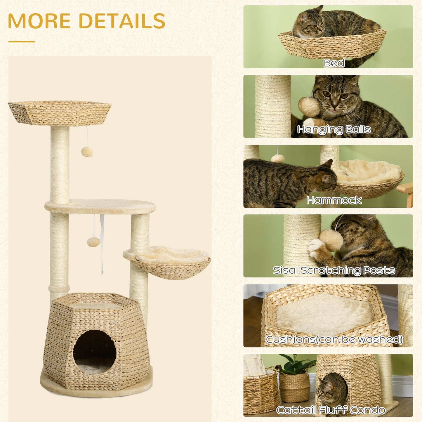 PawHut Cat Tree Tower, Climbing Activity Centre, Kitten Furniture w/ Cattail, Bed, House, Sisal Post, Hanging Ball, Natural Tone