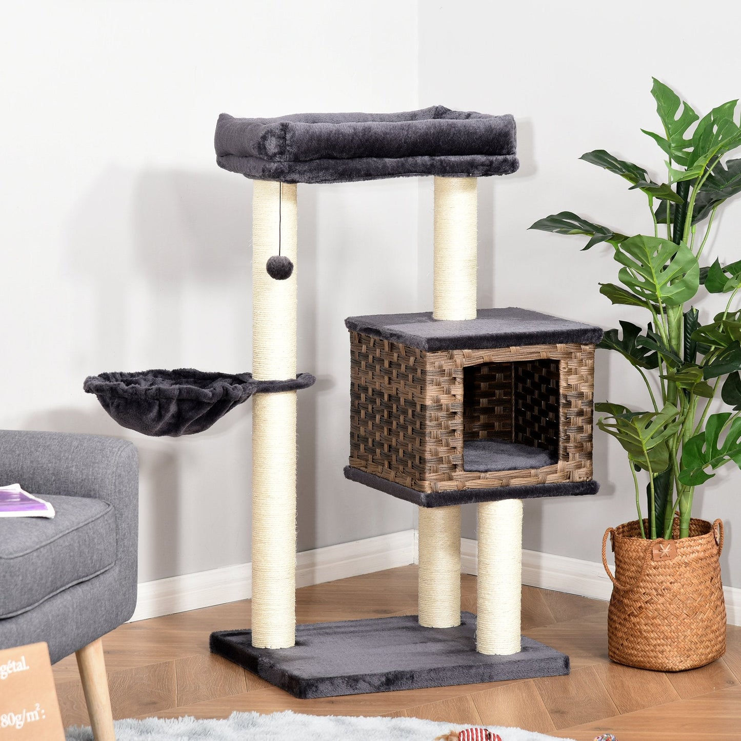 PawHut Cat Tree Tower w/ Sisal Posts Condo Hanging Ball Cushion Perch PE Rattan