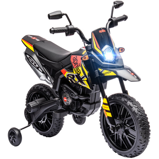 AIYAPLAY 12V Aprilia Licencjonowany motocykl dziecięcy z kółkami bocznymi, zawieszeniem sprężynowym, reflektorem LED, USB, muzyką, żółty/czarny