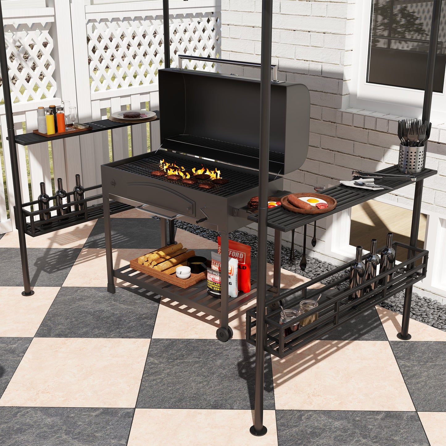 Outsunny 8' x 5' Grill Gazebo Canopy, dwupoziomowa zewnętrzna altana BBQ z 2 bocznymi półkami, kosze do przechowywania, hak do ogrodu, na patio, na grilla, na piknik, beżowy