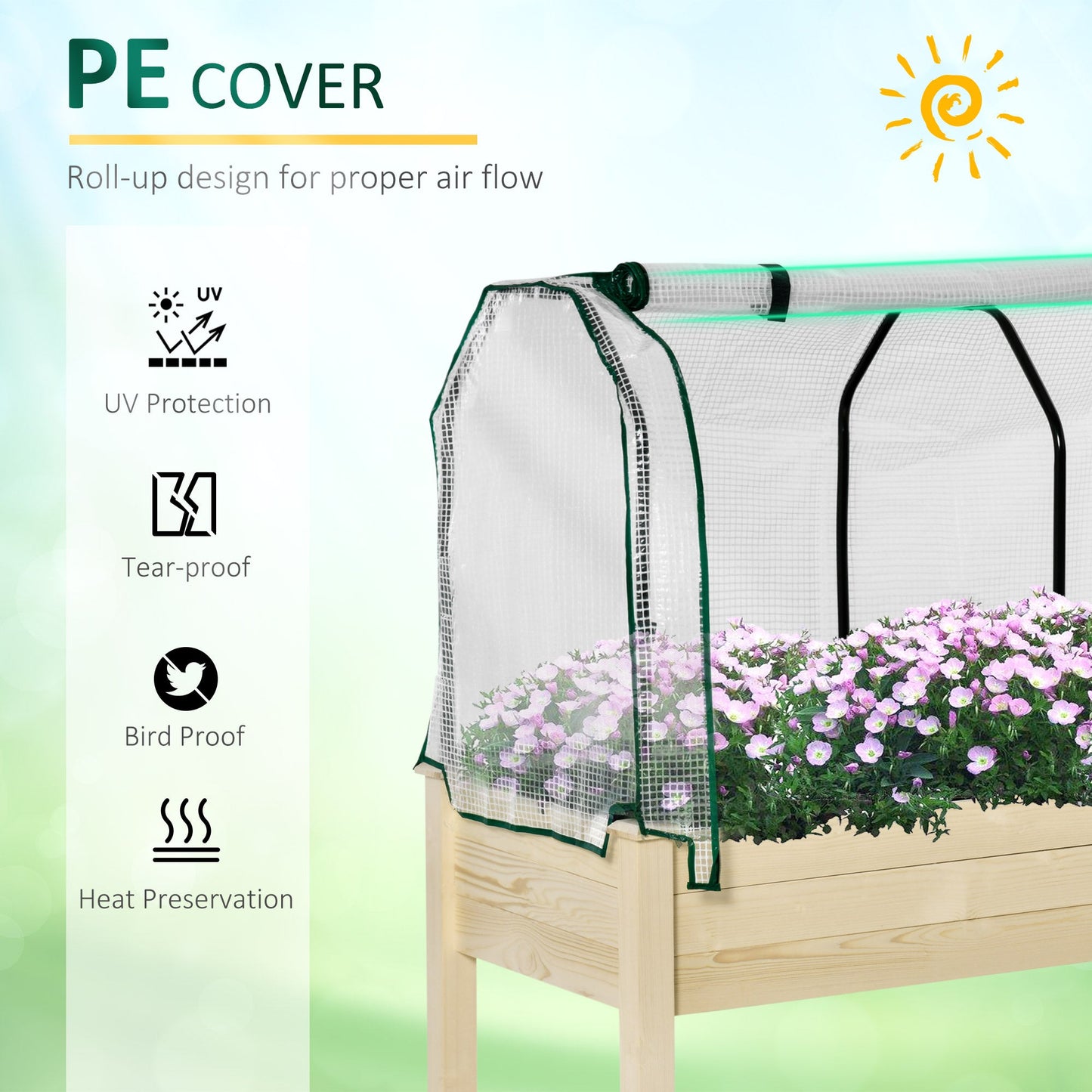 Outsunny Raised Garden Bed Outdoor Elevated Wood Planter Box w/ PE Cover, Natural