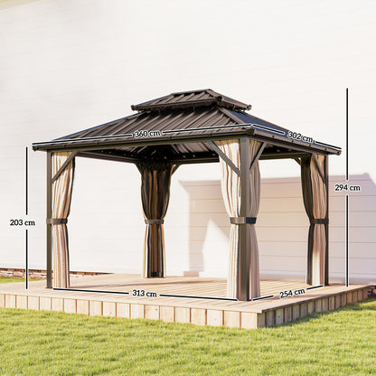 Outsunny 3x3.6 m Hardtop Gazebo Canopy with UPF50+ Double Galvanised Steel Roof, Aluminium Garden Gazebo Permanent Pavilion, Brown