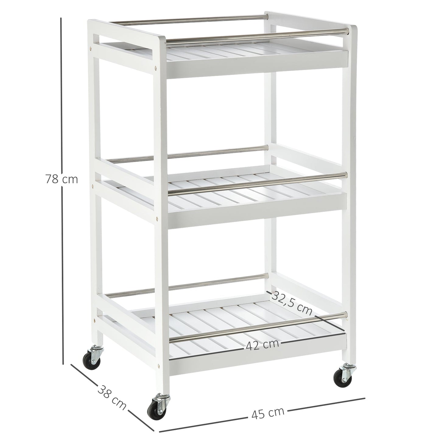 HOMCOM 3-Tier Home Trolley Kitchen Storage Cart w/ Steel Bars 4 Universal Wheels Rolling Unit Organiser Living Room White