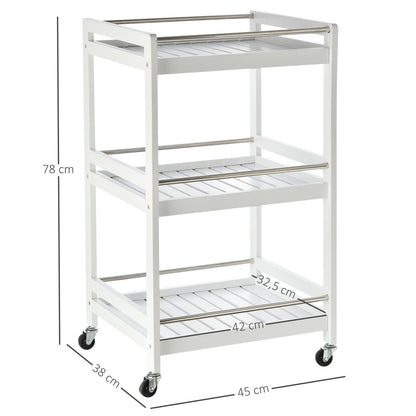 HOMCOM 3-Tier Home Trolley Kitchen Storage Cart w/ Steel Bars 4 Universal Wheels Rolling Unit Organiser Living Room White