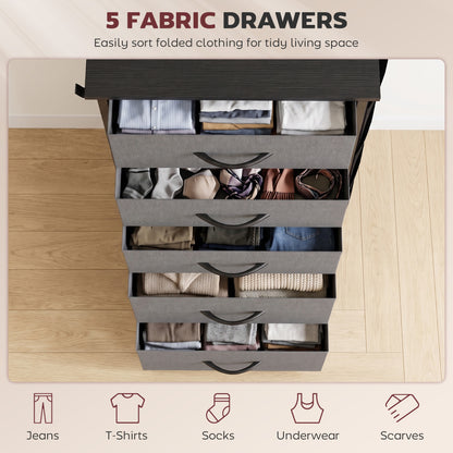 HOMCOM Chest of Drawers, Dresser with 5 Fabric Drawers, Tall Storage Unit with 4 Pockets and 2 Hooks Steel Frame, Charcoal Grey