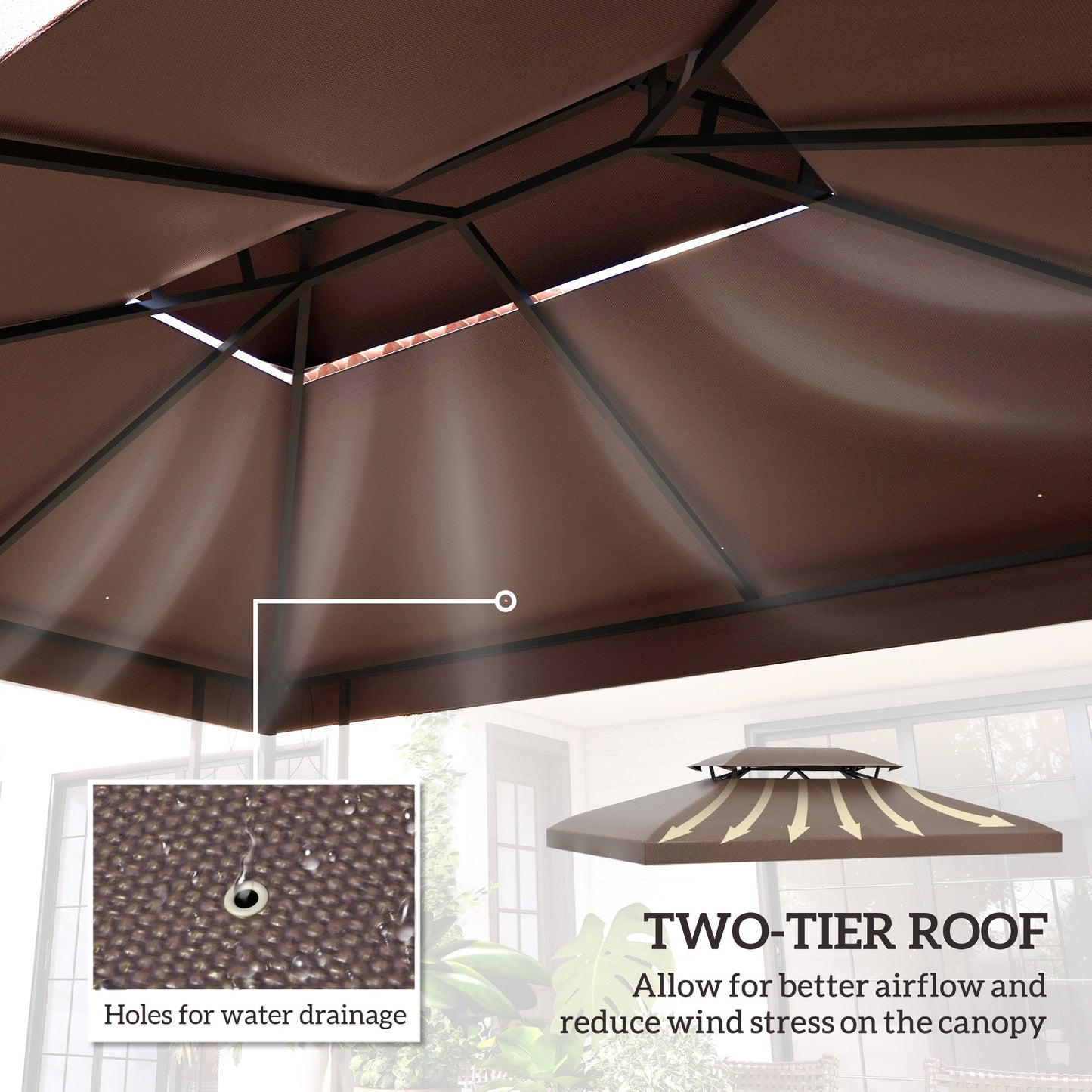 Outsunny 3x4m Gazebo Replacement Roof Canopy 2 Tier Top UV Cover Garden Patio Outdoor Sun Awning Shelters, Brown (TOP COVER ONLY)