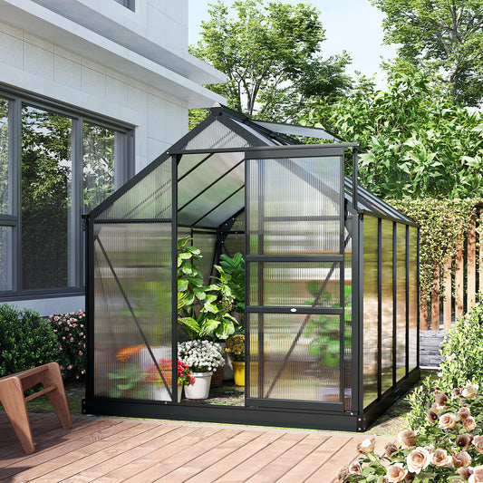 Outsunny 6 x 8ft Poliwęglanowa szklarnia, duża szklarnia typu walk-in z przesuwanymi drzwiami i oknem, domek do uprawy roślin ogrodowych z aluminiową ramą i fundamentem, szary