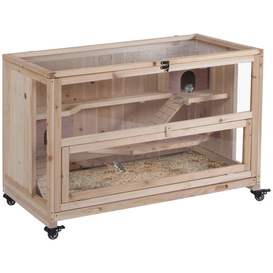 PawHut Drewniana klatka dla chomika, mysz, gryzonie, małe zwierzęta, klatka, 3 poziomy, domek do ćwiczeń, z kółkami, dolna tacka, 99 x 50 x 69 cm, naturalne drewno