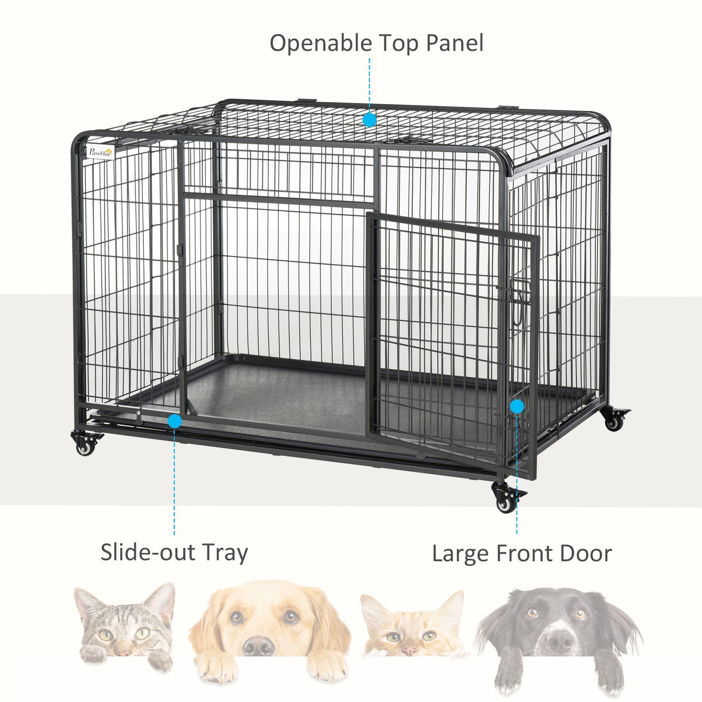 PawHut Heavy Duty Dog Crates Foldable Doge Kennel and Dog Cage Pet Playpen with Double Doors Removable Tray Lockable Wheels 125cm x 76cm x 81cm.