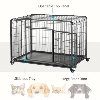 PawHut Heavy Duty Dog Crates Foldable Doge Kennel and Dog Cage Pet Playpen with Double Doors Removable Tray Lockable Wheels 125cm x 76cm x 81cm.