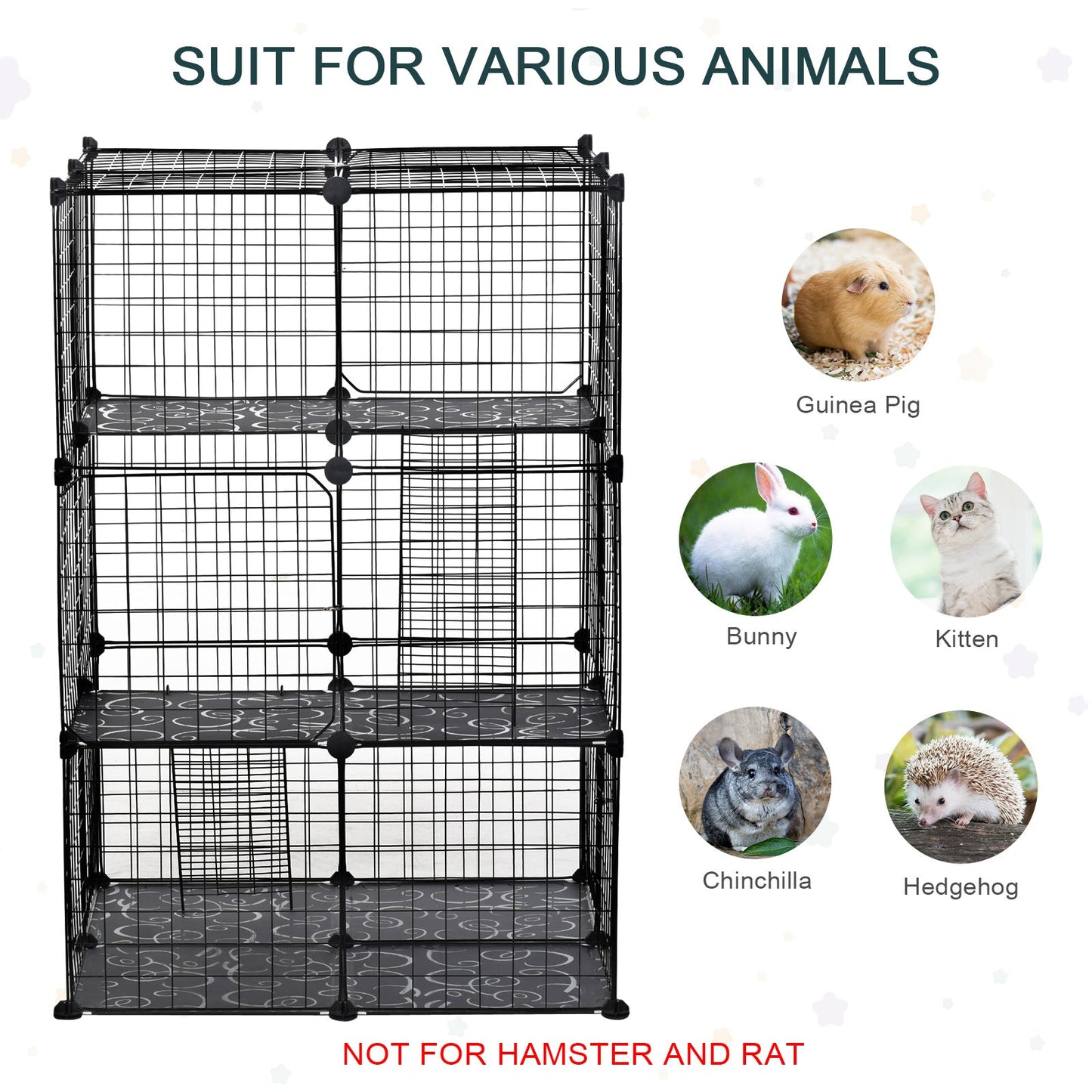 Pet Playpen DIY Small Animal Cage Enclosure Metal Wire Fence 39 Panels with 3 Doors 2 Ramps for Kitten Bunny Chinchilla Pet Mink Black by PawHut