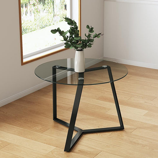 Round Coffee Table with Tempered Glass Top and Metal Base