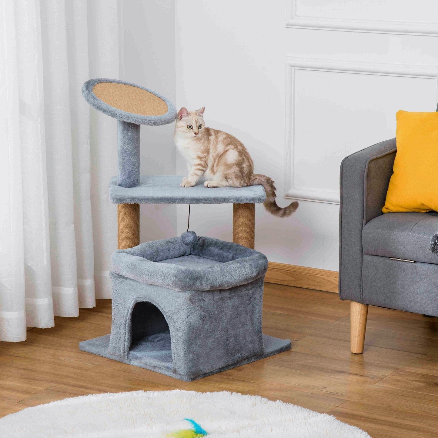 PawHut Cat Tree Tower w/ Scratching Posts Pad Condo Perch Bed Ball Kitten Toy Grey